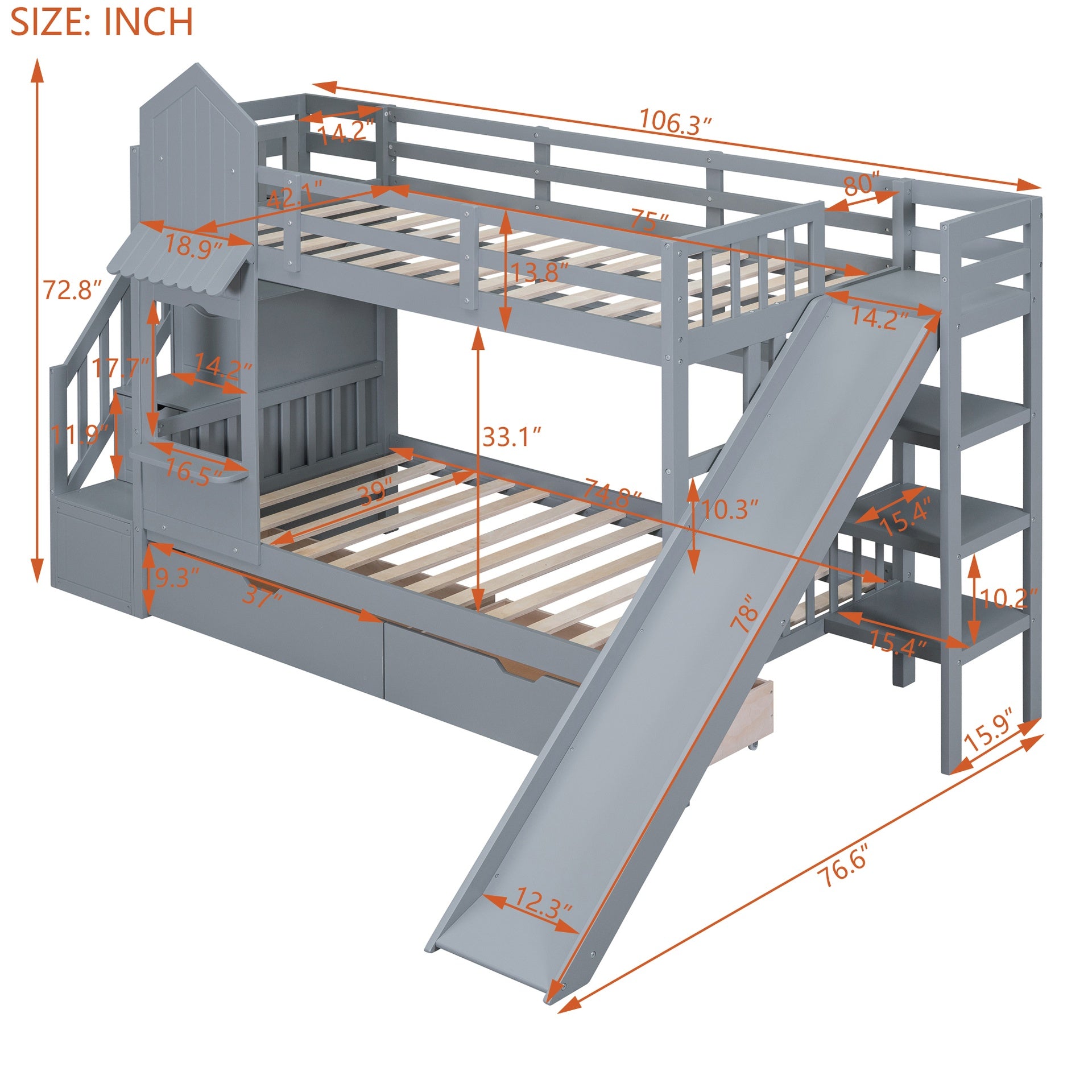 Twin-Over-Twin Castle Style Bunk Bed with 2 Drawers 3 Shelves and Slide - Gray(OLD SKU:LT000559AAE-1)
