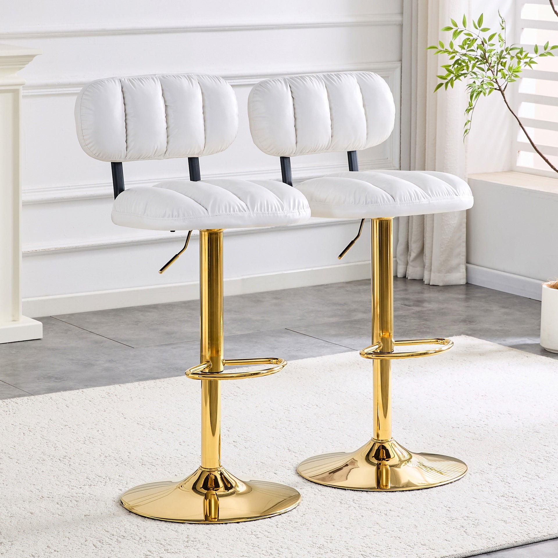 Set of 2 Adjustable Height Bar Stools, White PU Leather Upholstered Seating with Gold Metal Base & Footrest, Luxe Glam Stools for Kitchen Island, Home Bar, Living Room