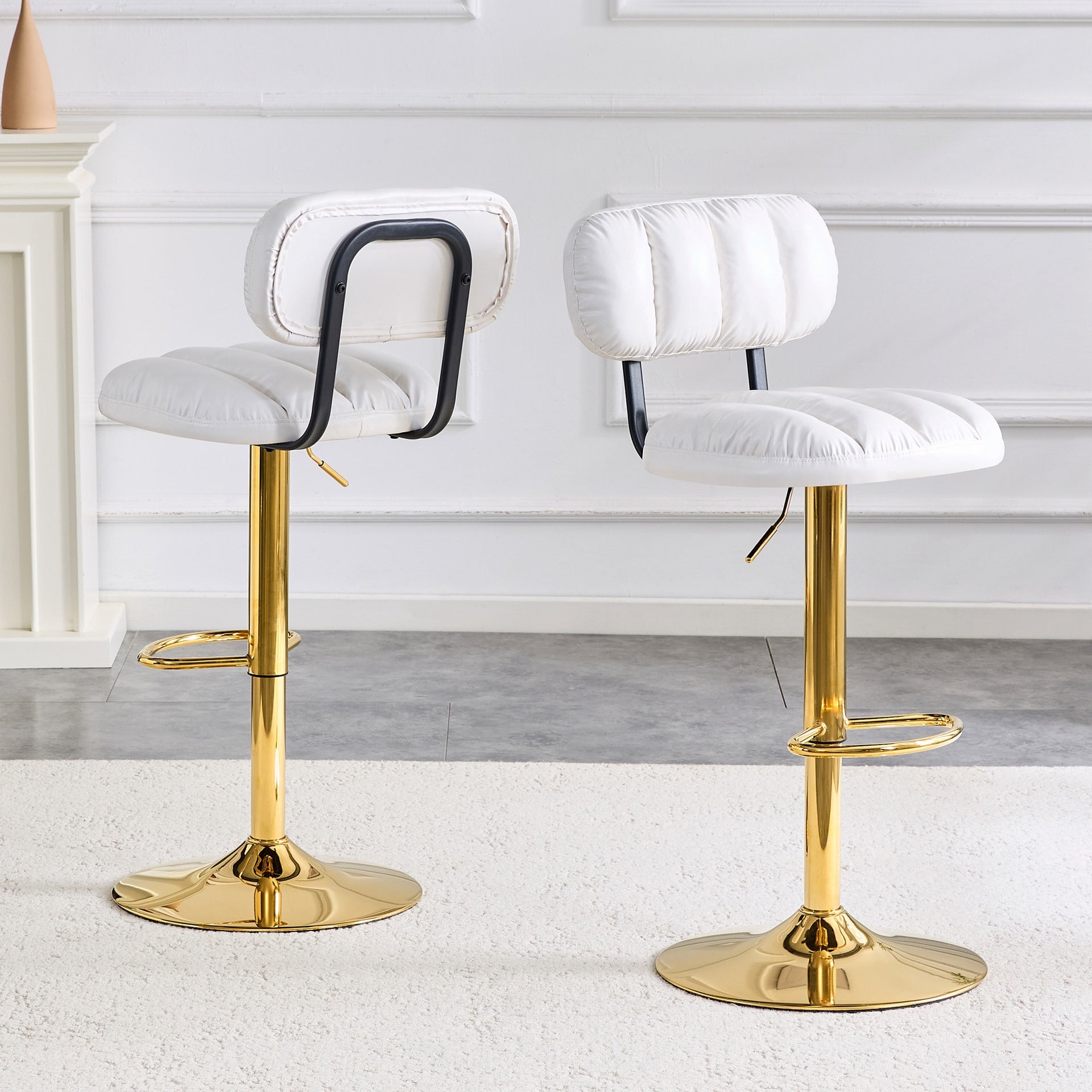 Set of 2 Adjustable Height Bar Stools, White PU Leather Upholstered Seating with Gold Metal Base & Footrest, Luxe Glam Stools for Kitchen Island, Home Bar, Living Room