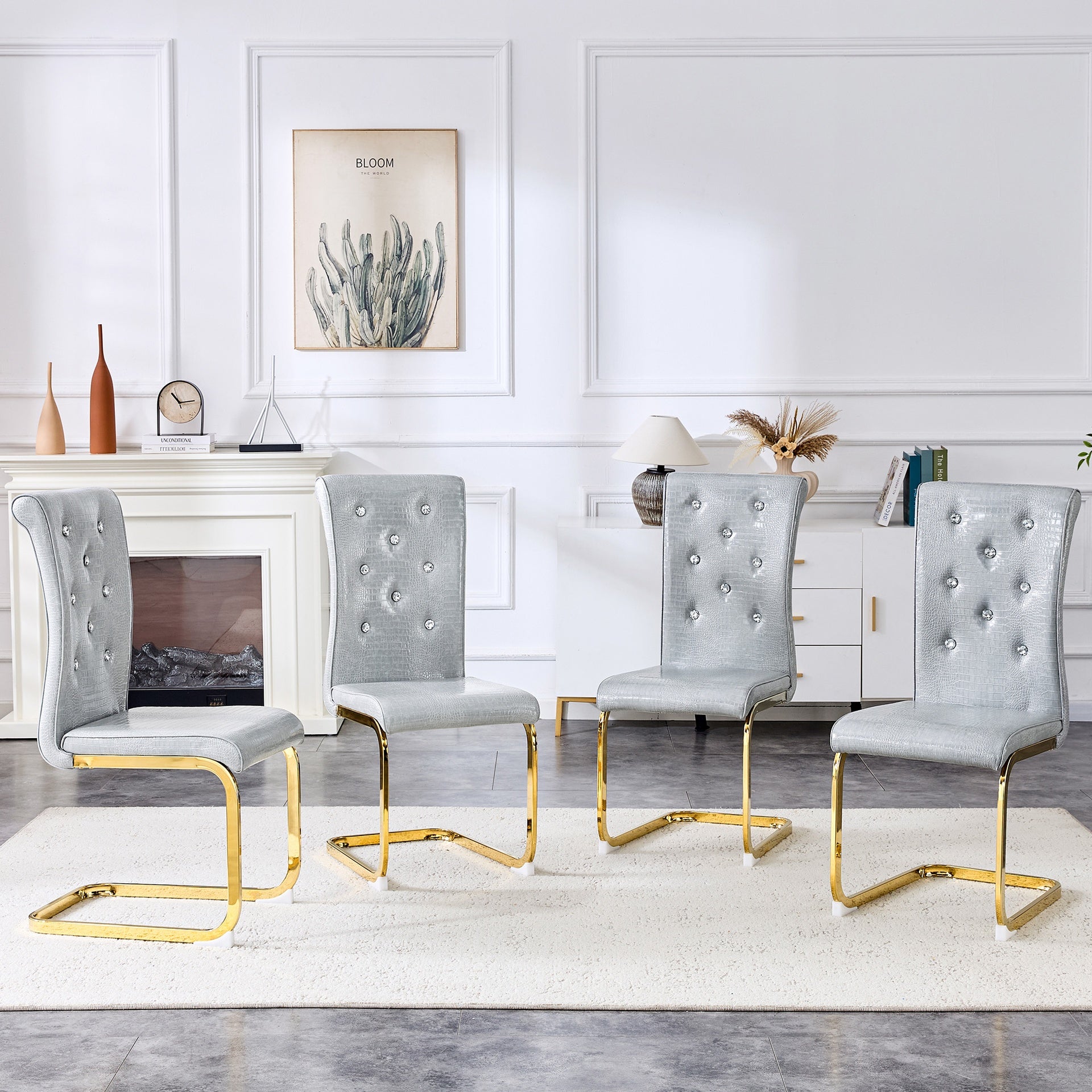 Set of 4,Retro alligator skin Upholstered dining chairs,with Crystal buckle design and Faux Leather design,a touch of elegance and mystery to the dining area,Golden plated metal bent legs