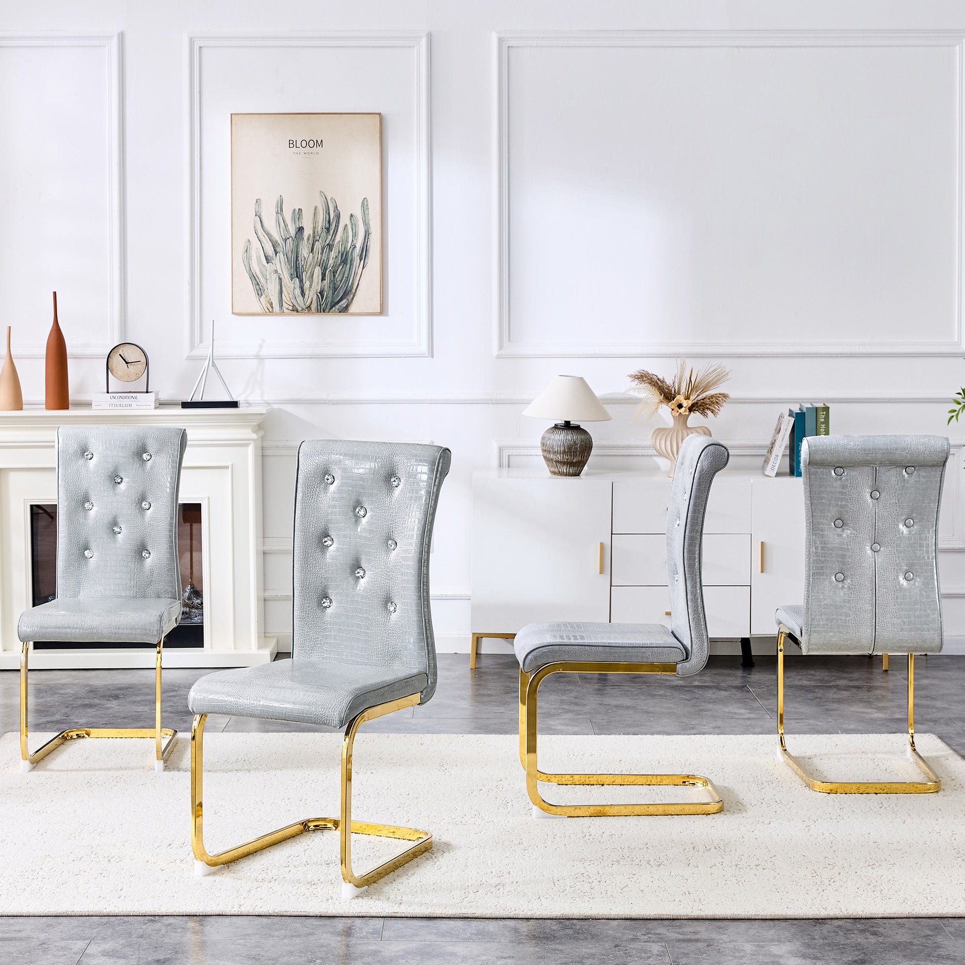 Set of 4,Retro alligator skin Upholstered dining chairs,with Crystal buckle design and Faux Leather design,a touch of elegance and mystery to the dining area,Golden plated metal bent legs