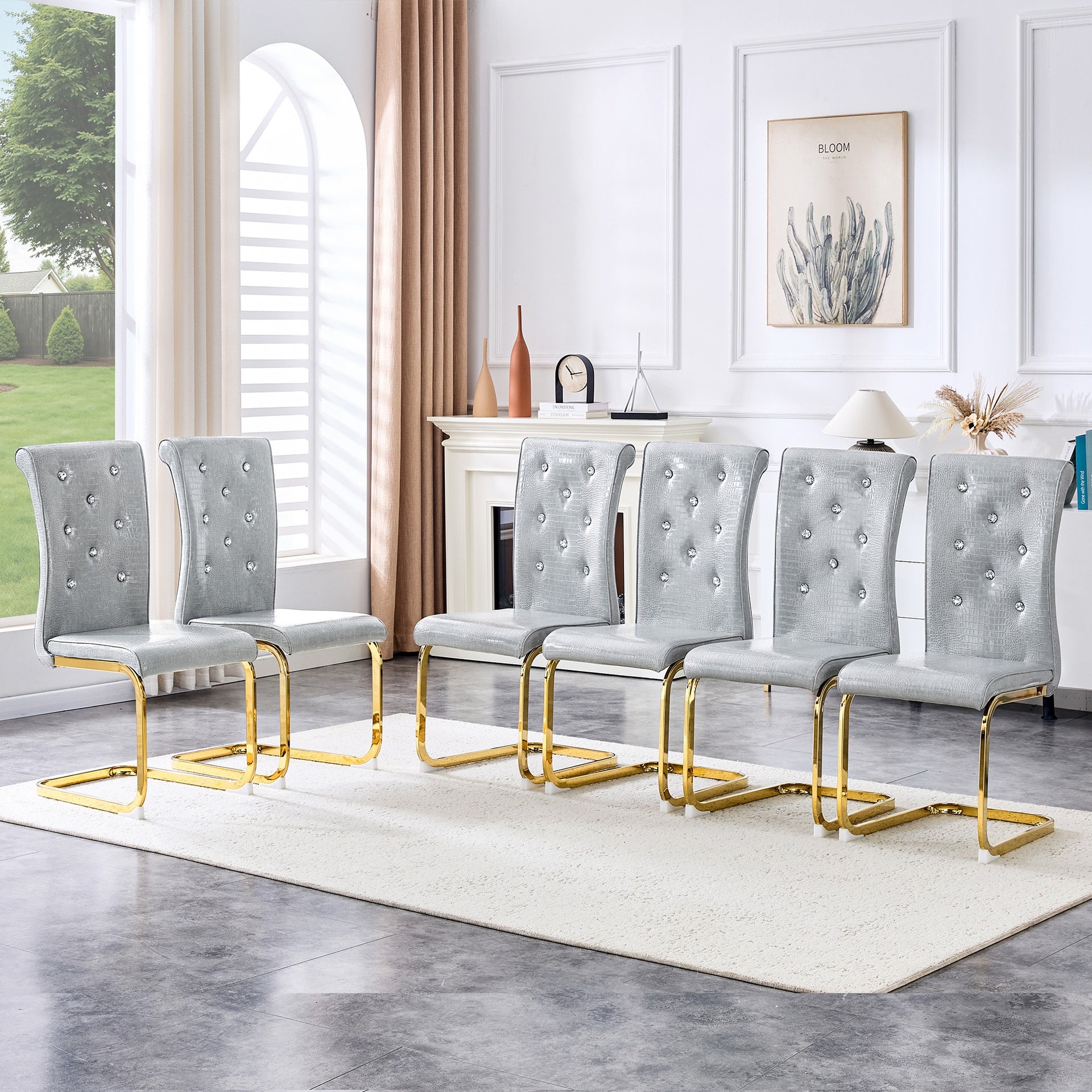 Set of 4,Retro alligator skin Upholstered dining chairs,with Crystal buckle design and Faux Leather design,a touch of elegance and mystery to the dining area,Golden plated metal bent legs