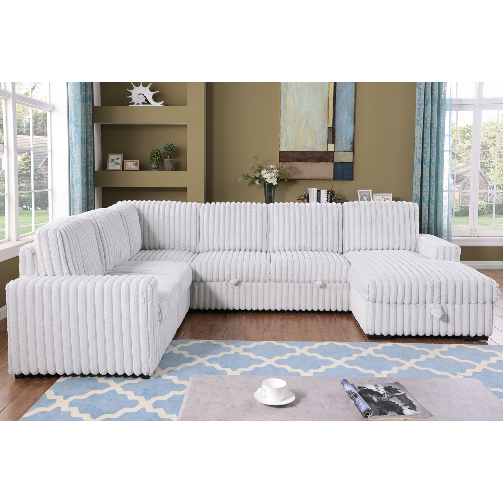 122 Inch Pull Out Couch, Rabbit plush Fabric Sofa Bed Ports & Comfy Upholstered, Oversized U Shape Sectional Sleeper Sofa Bed with Storage Chaise,GRAYISH WHITE