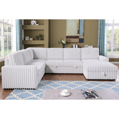 122 Inch Pull Out Couch, Rabbit plush Fabric Sofa Bed Ports & Comfy Upholstered, Oversized U Shape Sectional Sleeper Sofa Bed with Storage Chaise,GRAYISH WHITE