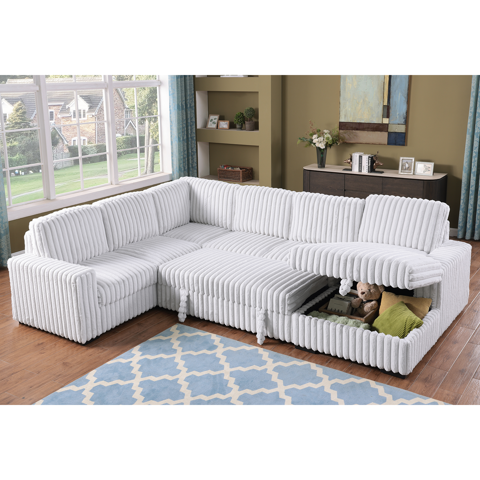 122 Inch Pull Out Couch, Rabbit plush Fabric Sofa Bed Ports & Comfy Upholstered, Oversized U Shape Sectional Sleeper Sofa Bed with Storage Chaise,GRAYISH WHITE