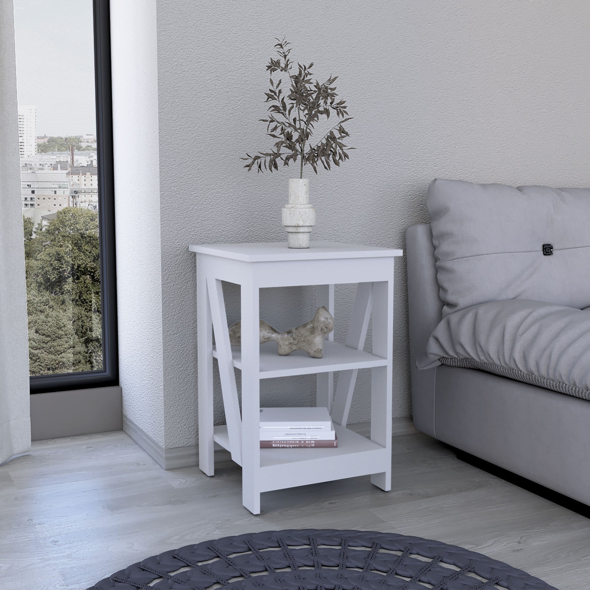 3-Tier End Table/Nightstand, Side Table for Small Space, White