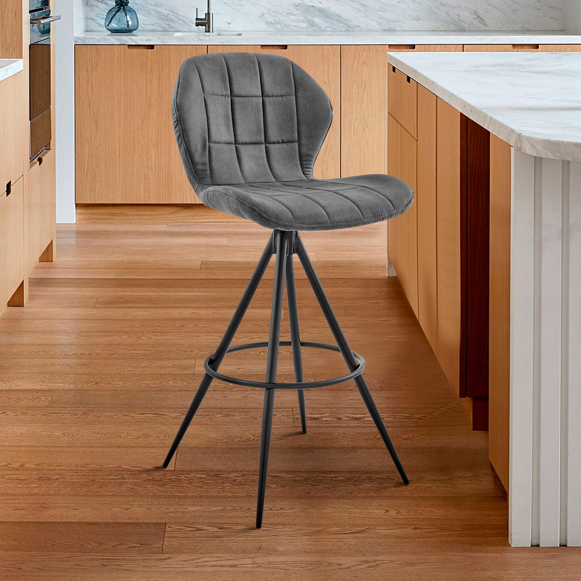 Hestrel 30" Swivel Bar Height Bar Stool in Charcoal Fabric and Black Finish