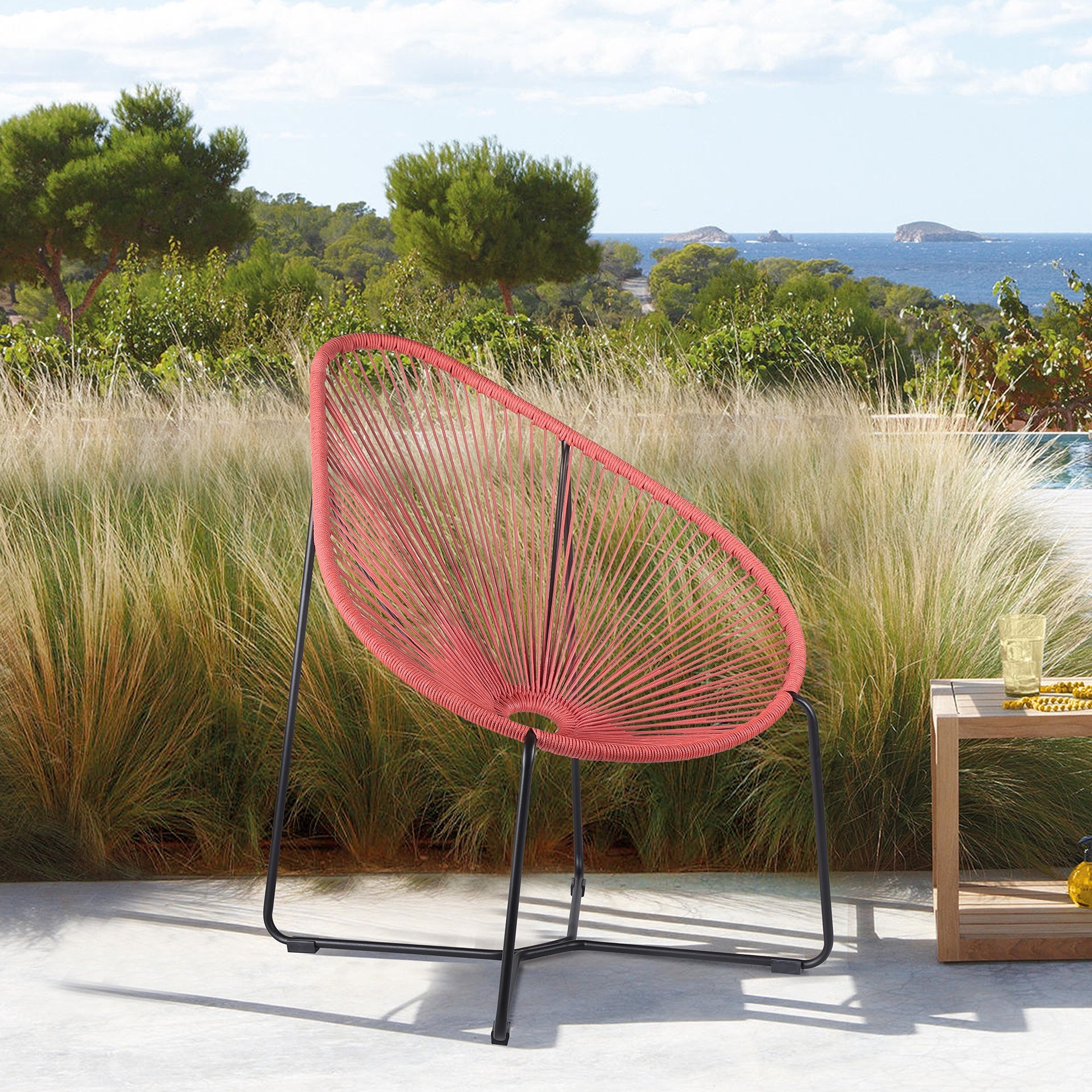 Lirren Indoor Outdoor Steel Papasan Lounge Chair with Brick Red Rope