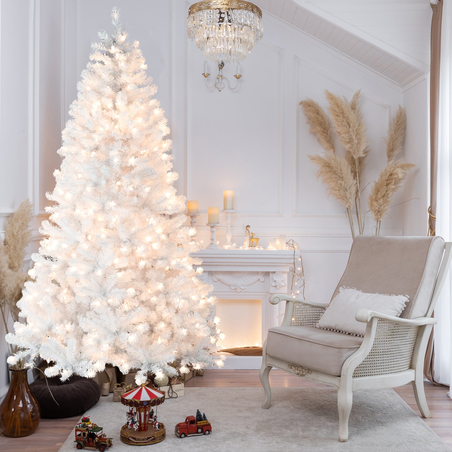 9FT Pre-Lit White Christmas Tree with Memory Wire – 650 Warm Incandescent Lights, 1930 Tips, Automatic Unfolding Design, Stable Metal Stand, PVC Artificial Holiday Tree
