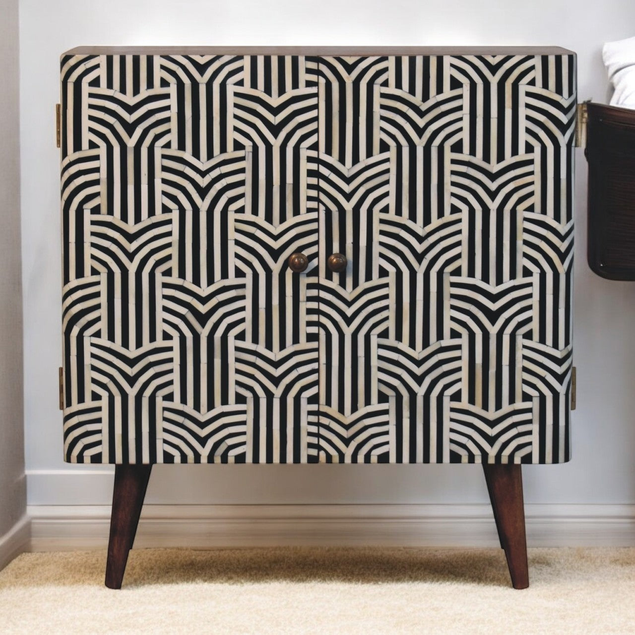 Solid Wood Honey Caramel Edessa Bone Inlay Cabinet, Shelves, Nordic Legs, Black and White