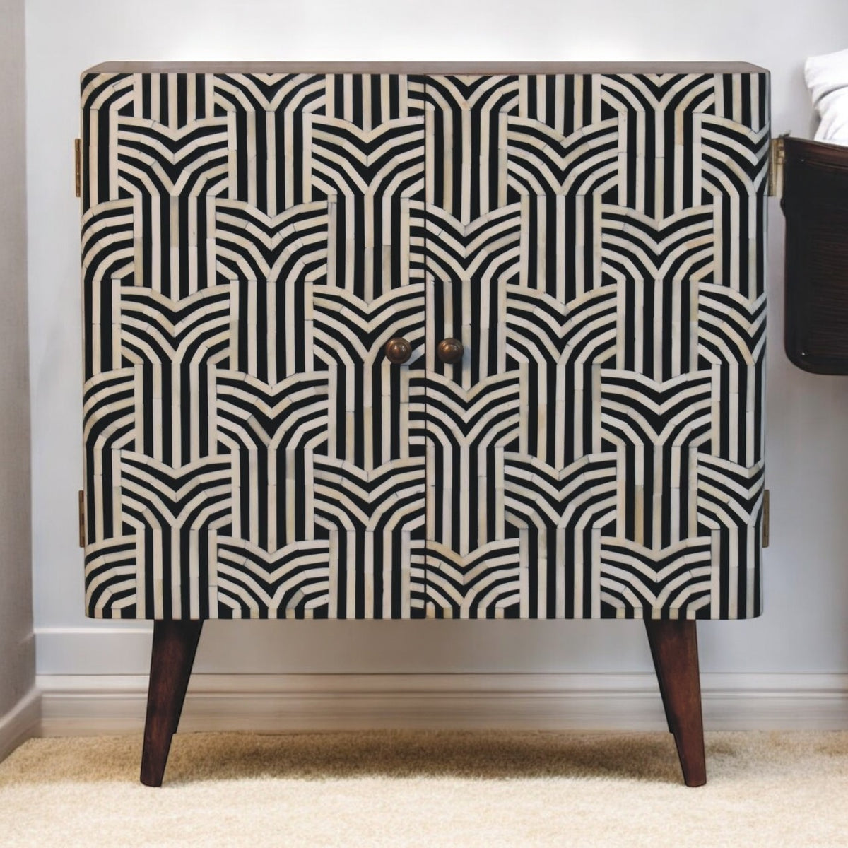 Solid Wood Honey Caramel Edessa Bone Inlay Cabinet, Shelves, Nordic Legs, Black and White