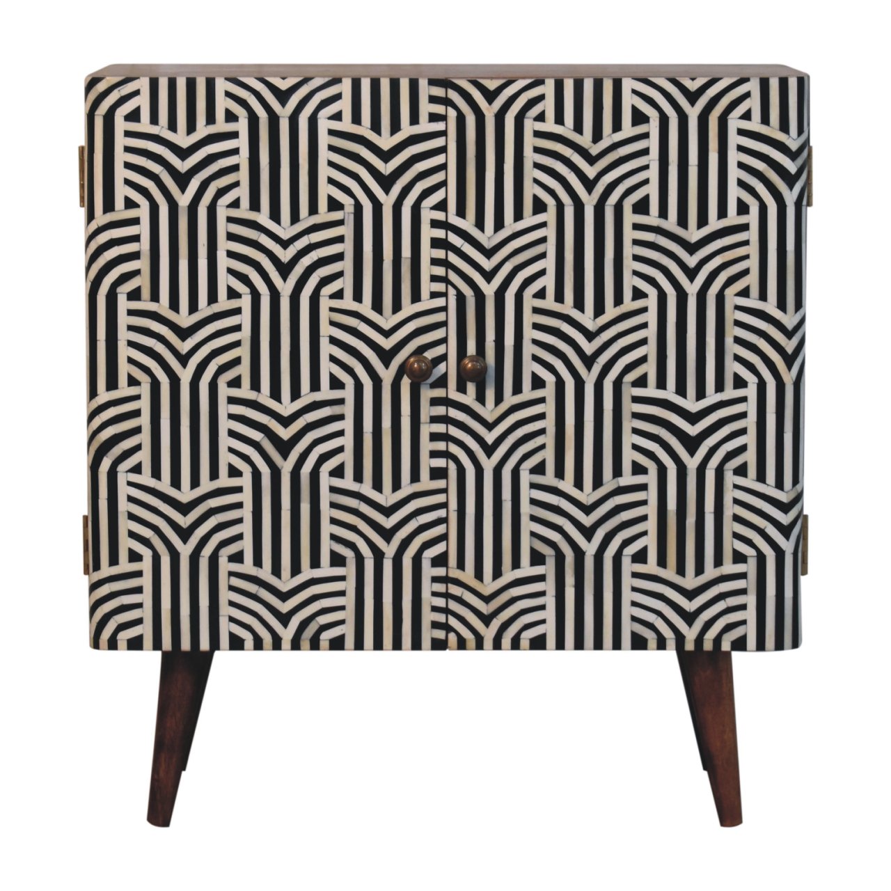 Solid Wood Honey Caramel Edessa Bone Inlay Cabinet, Shelves, Nordic Legs, Black and White