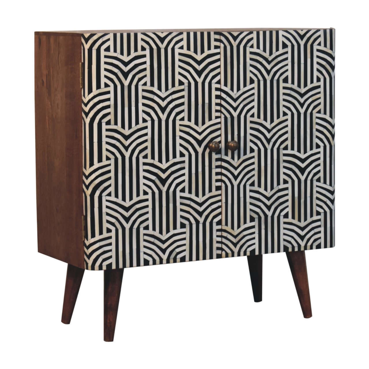 Solid Wood Honey Caramel Edessa Bone Inlay Cabinet, Shelves, Nordic Legs, Black and White