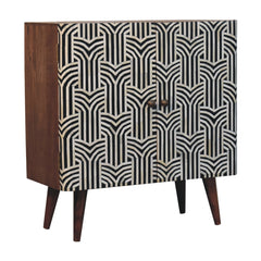 Solid Wood Honey Caramel Edessa Bone Inlay Cabinet, Shelves, Nordic Legs, Black and White