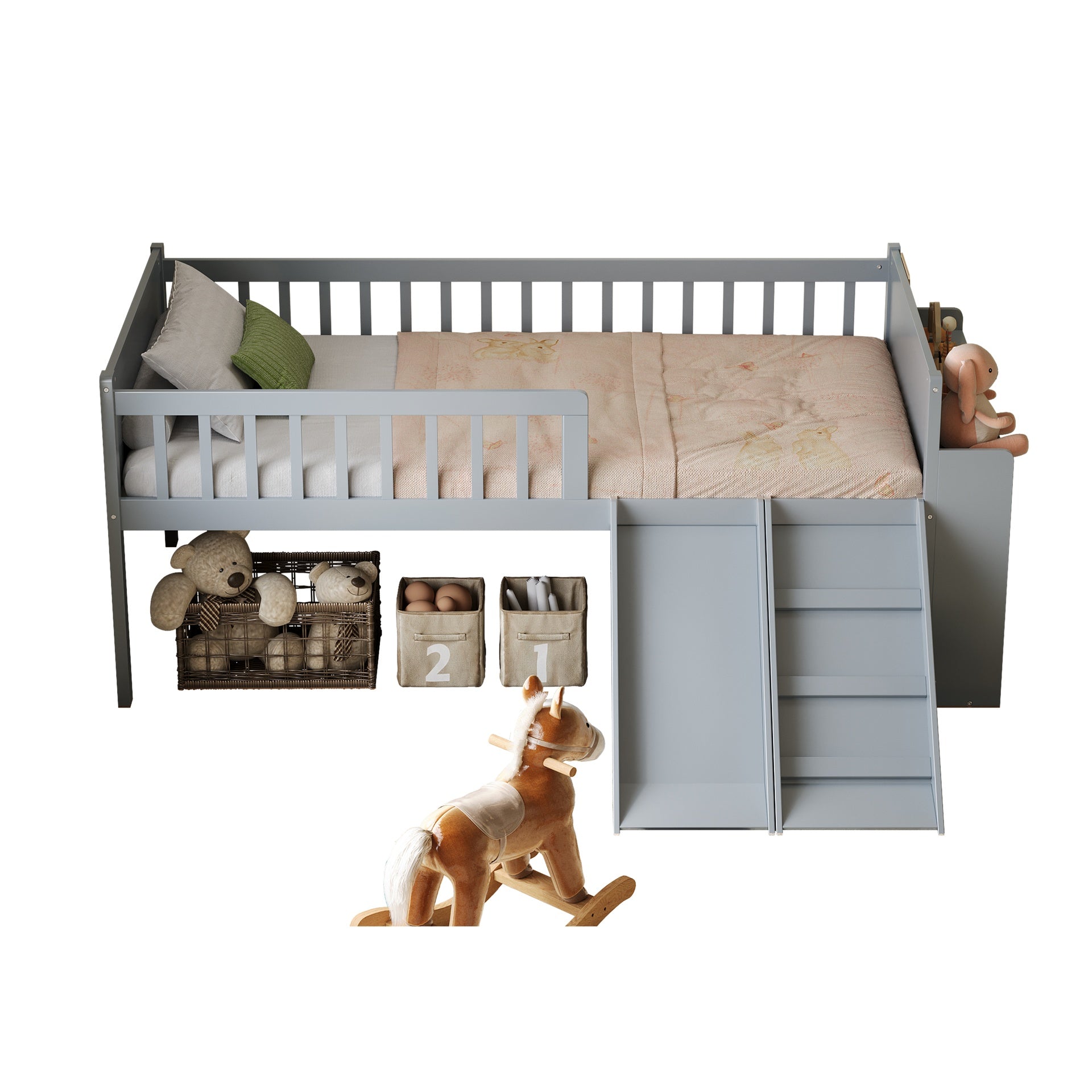 Twin Bed Frame with Storage Shelf, Wooden Bed Frame with Slide and Ladder,Platform Twin Size Bed with Guardrail, No Box Spring Needed, Easy Assembly, Gray