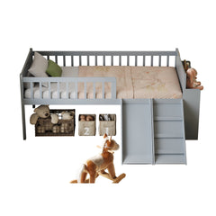 Twin Bed Frame with Storage Shelf, Wooden Bed Frame with Slide and Ladder,Platform Twin Size Bed with Guardrail, No Box Spring Needed, Easy Assembly, Gray