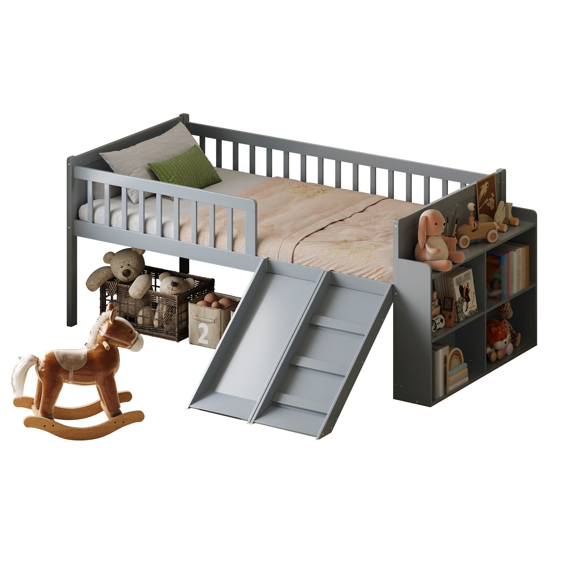 Twin Bed Frame with Storage Shelf, Wooden Bed Frame with Slide and Ladder,Platform Twin Size Bed with Guardrail, No Box Spring Needed, Easy Assembly, Gray