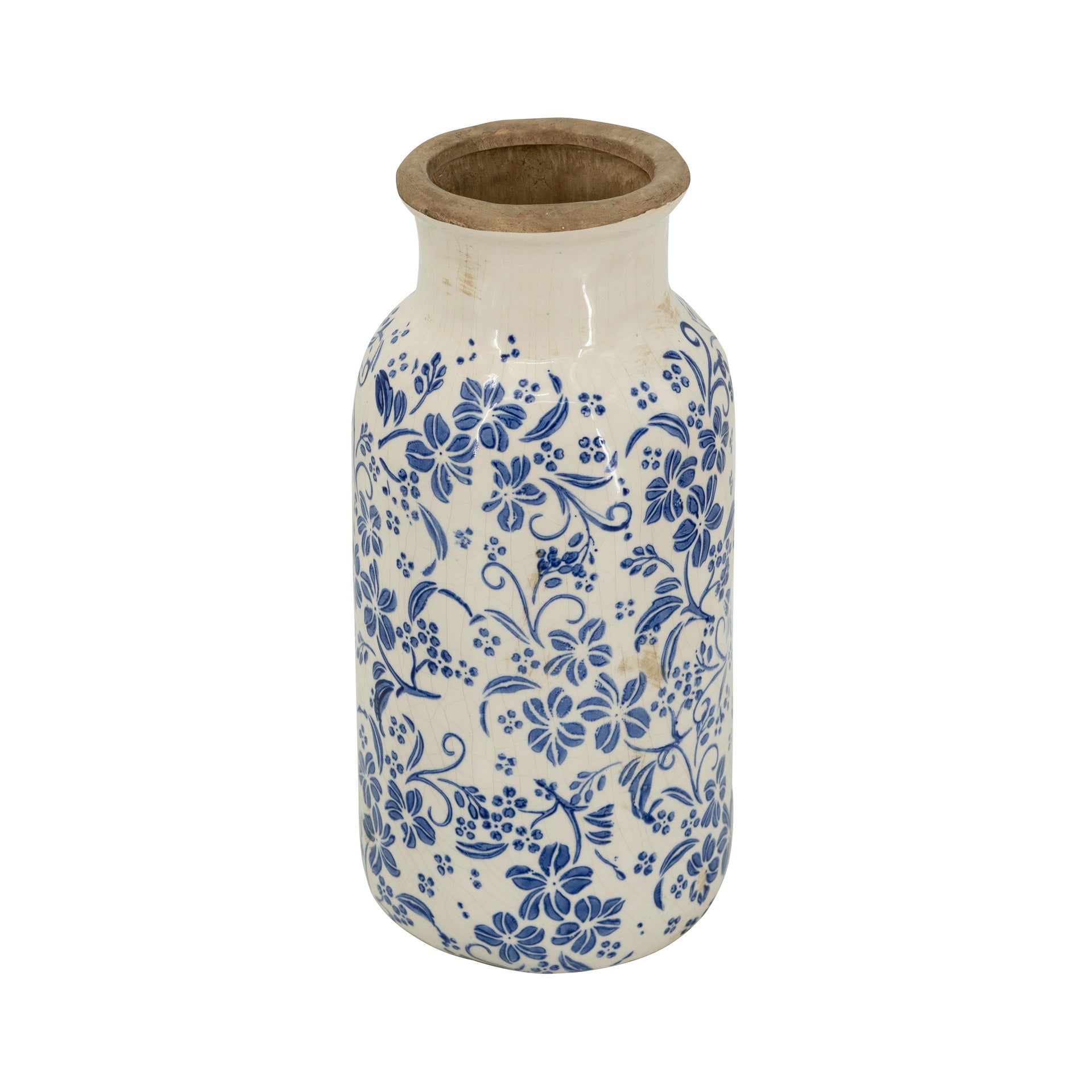 D5.7x12.5" Blue and White Ceramic Accent Vase with Traditional Floral Motifs