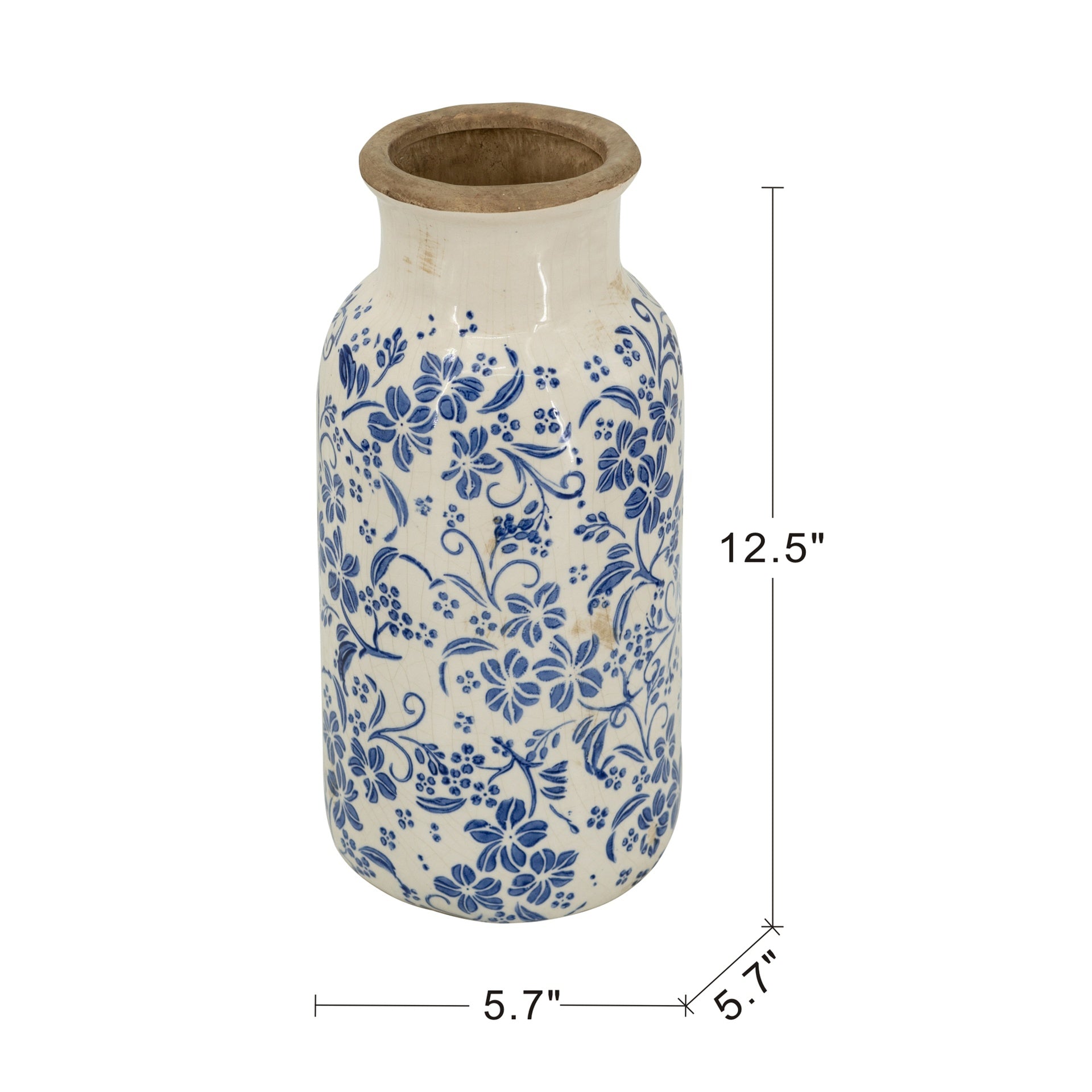 D5.7x12.5" Blue and White Ceramic Accent Vase with Traditional Floral Motifs