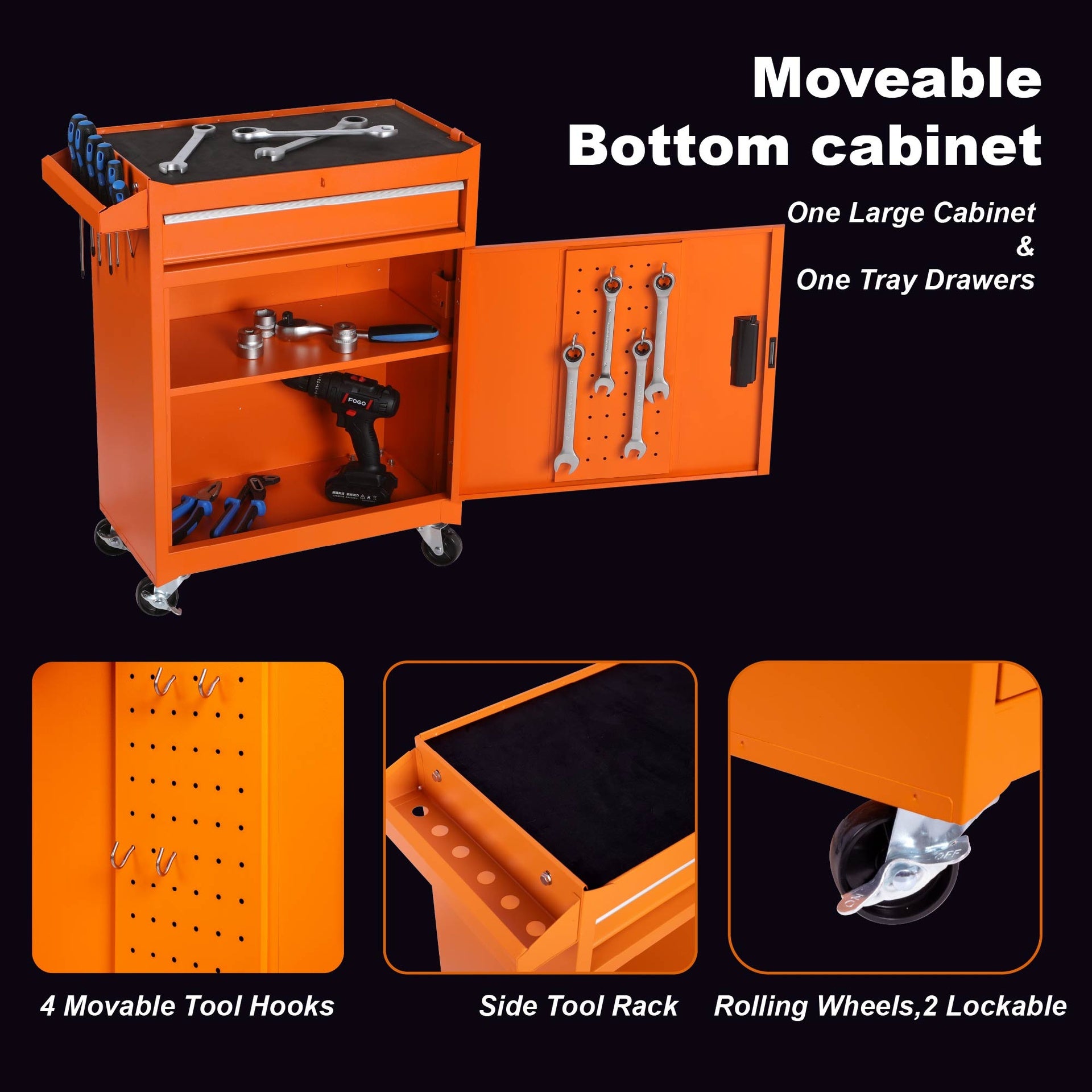 Tool Chest, 5-Drawer Rolling Tool Storage Cabinet with Detachable Top Tool Box, Liner, Universal Lockable Wheels, Adjustable Shelf, Locking Mechanism, Metal Tool Cart for Garage Workshop