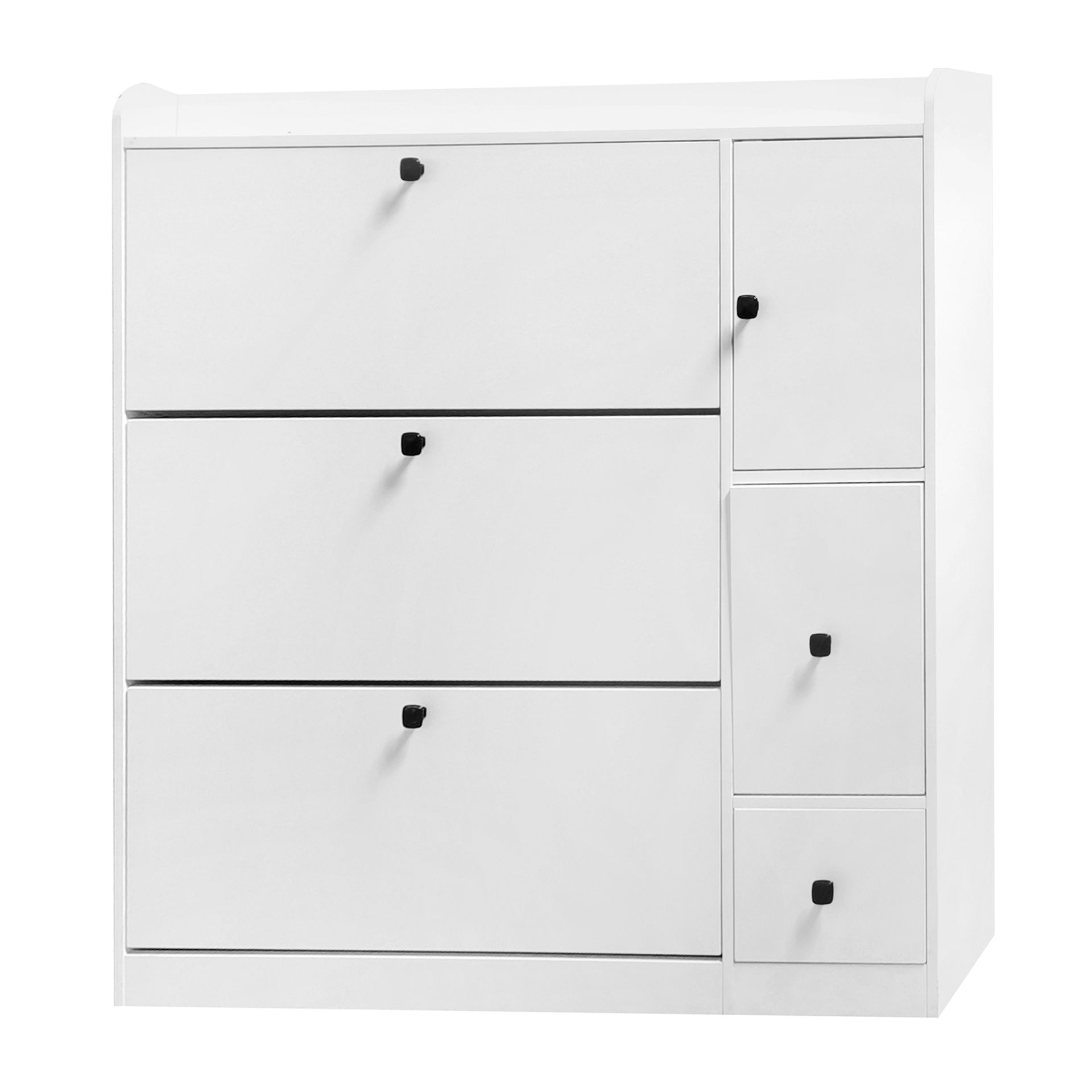 ON-TREND Versatile Tipping Bucket Shoe Cabinet with 3 Flip Drawers, Maximum Storage Entryway Organizer with Drawer, Free Standing Shoe Rack with Pull-down Seat for Hallway, White