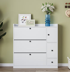 ON-TREND Versatile Tipping Bucket Shoe Cabinet with 3 Flip Drawers, Maximum Storage Entryway Organizer with Drawer, Free Standing Shoe Rack with Pull-down Seat for Hallway, White