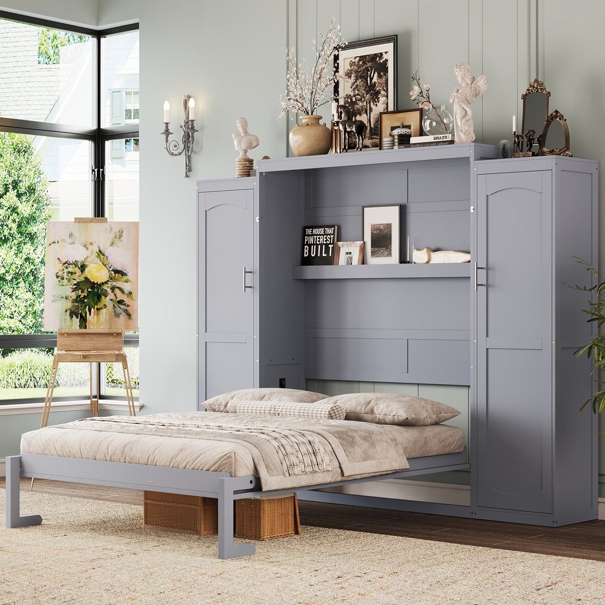Full Size Murphy Bed, Wooden Full Wall Bed with 2 Wardrobe and Storage Shelf, Multifunctional Foldable Platform Bedframe for Guest-Room, Bedroom, Gray