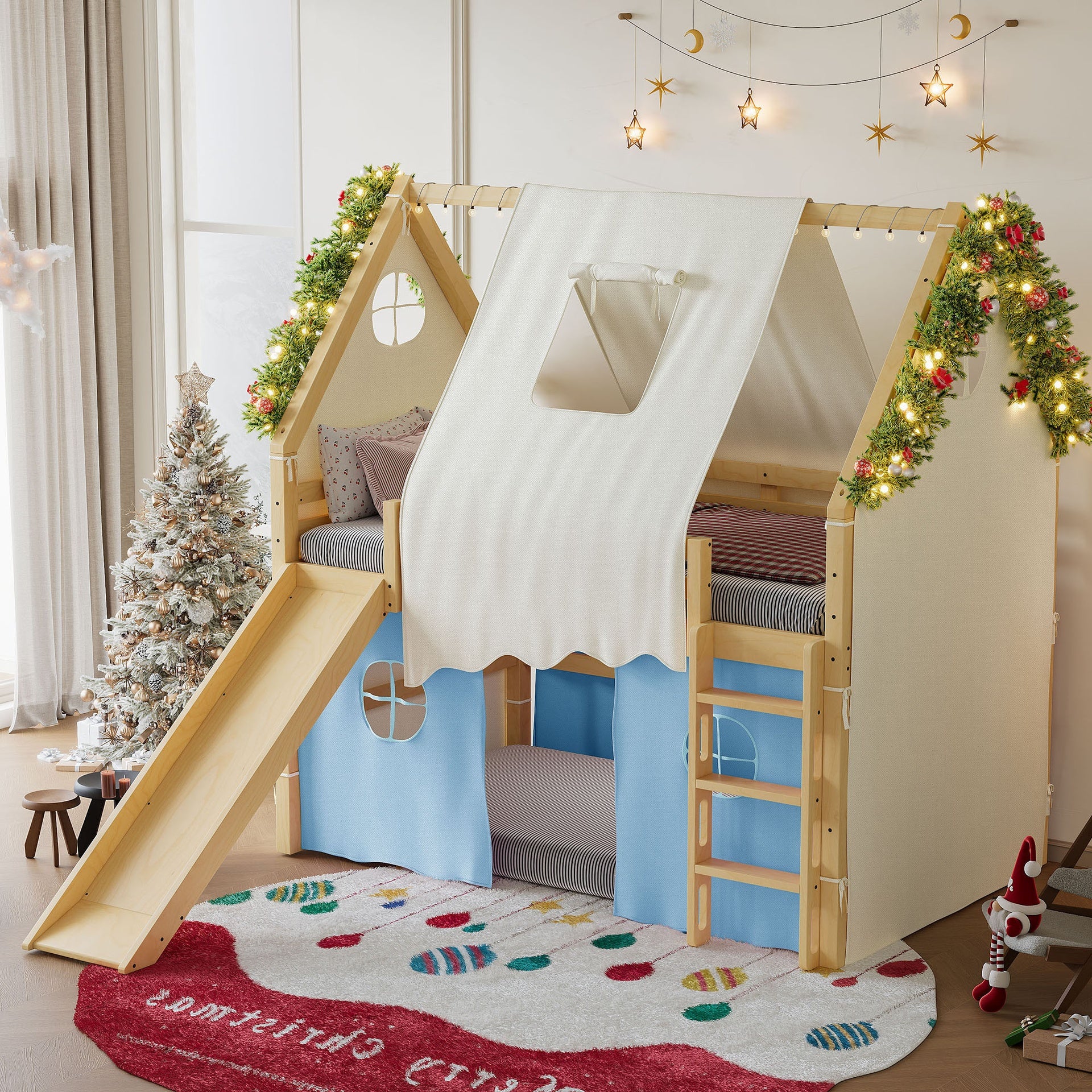Full Size House Loft Bed with Sills and Tents, Solid Wood Loft Bed with Ladders and Slide, Chic Design with Lights, No Box Spring Needed, Natural+Blue