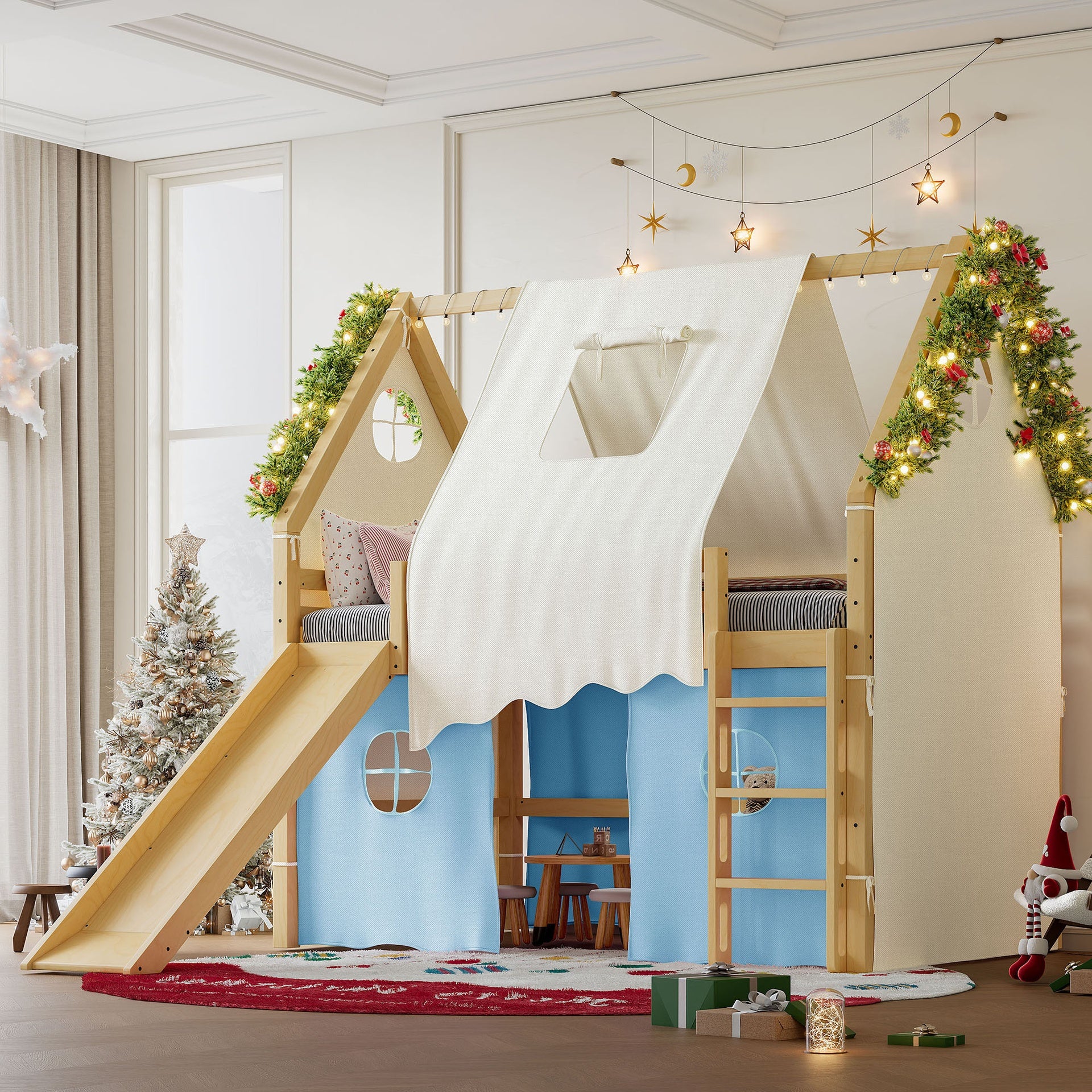 Full Size House Loft Bed with Sills and Tents, Solid Wood Loft Bed with Ladders and Slide, Chic Design with Lights, No Box Spring Needed, Natural+Blue