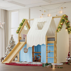 Full Size House Loft Bed with Sills and Tents, Solid Wood Loft Bed with Ladders and Slide, Chic Design with Lights, No Box Spring Needed, Natural+Blue