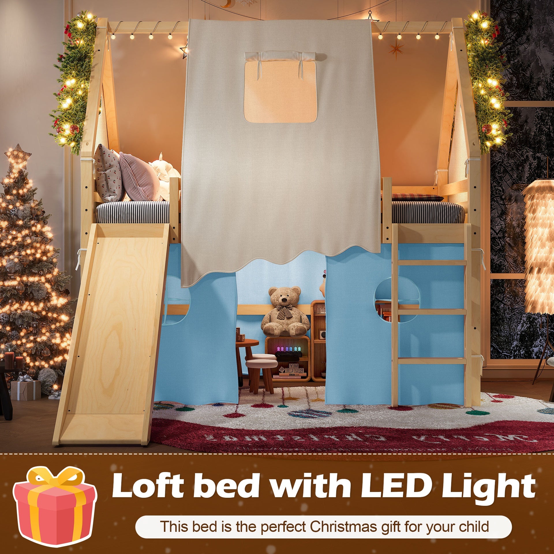 Full Size House Loft Bed with Sills and Tents, Solid Wood Loft Bed with Ladders and Slide, Chic Design with Lights, No Box Spring Needed, Natural+Blue