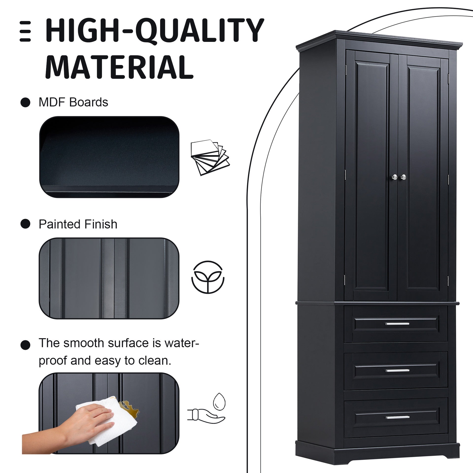 Tall Storage Cabinet with Three Drawers for Bathroom/Office, Black