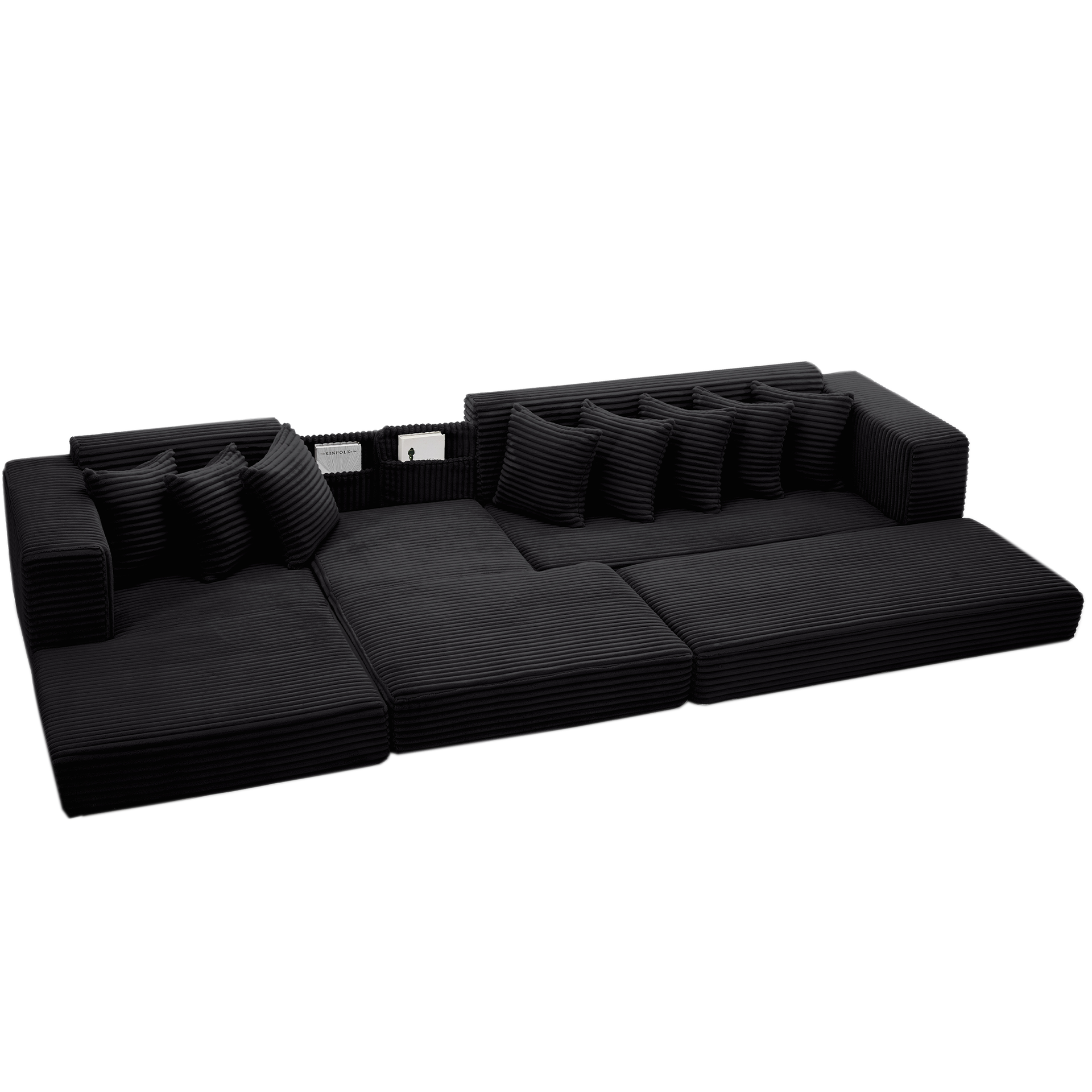 Oversize Cloud Sectional Couch, L-Shape Sofa, Convertible Floor Sleeper Sofa Bed, No Assembly ,Eight pillows,3-in-1,Side Pocket,(Left Facing Sofa),Corduroy,Black