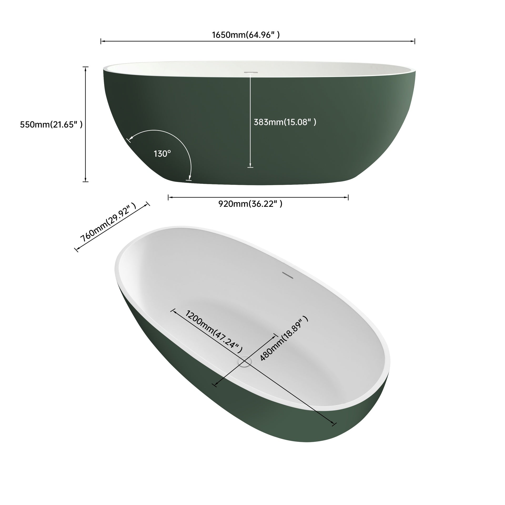 65" Premium Solid Surface Deep Soaking Bathtub