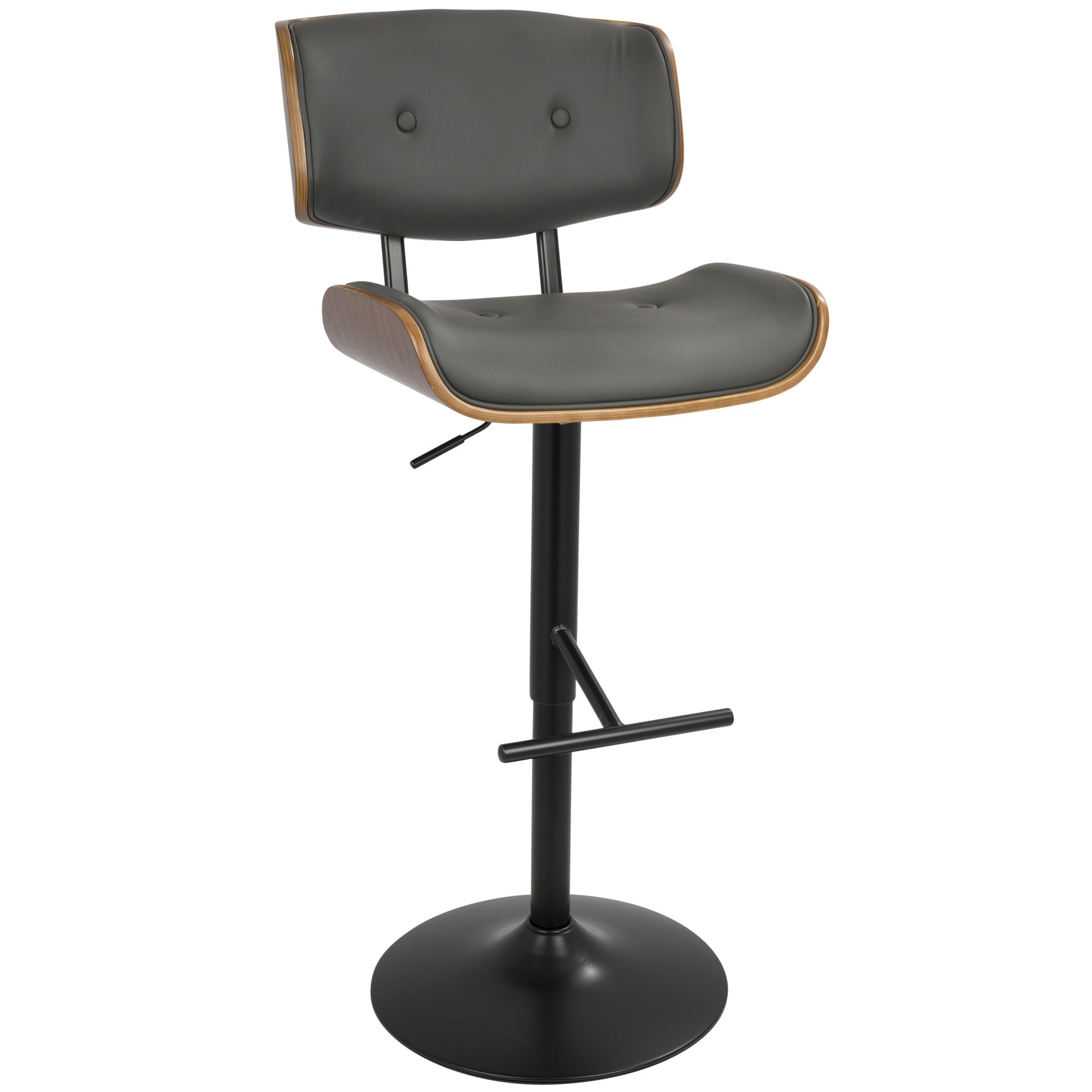 Lombardi Mid-Century Modern Adjustable Barstool with Swivel in Walnut with Grey Faux Leather by LumiSource - Set of 2