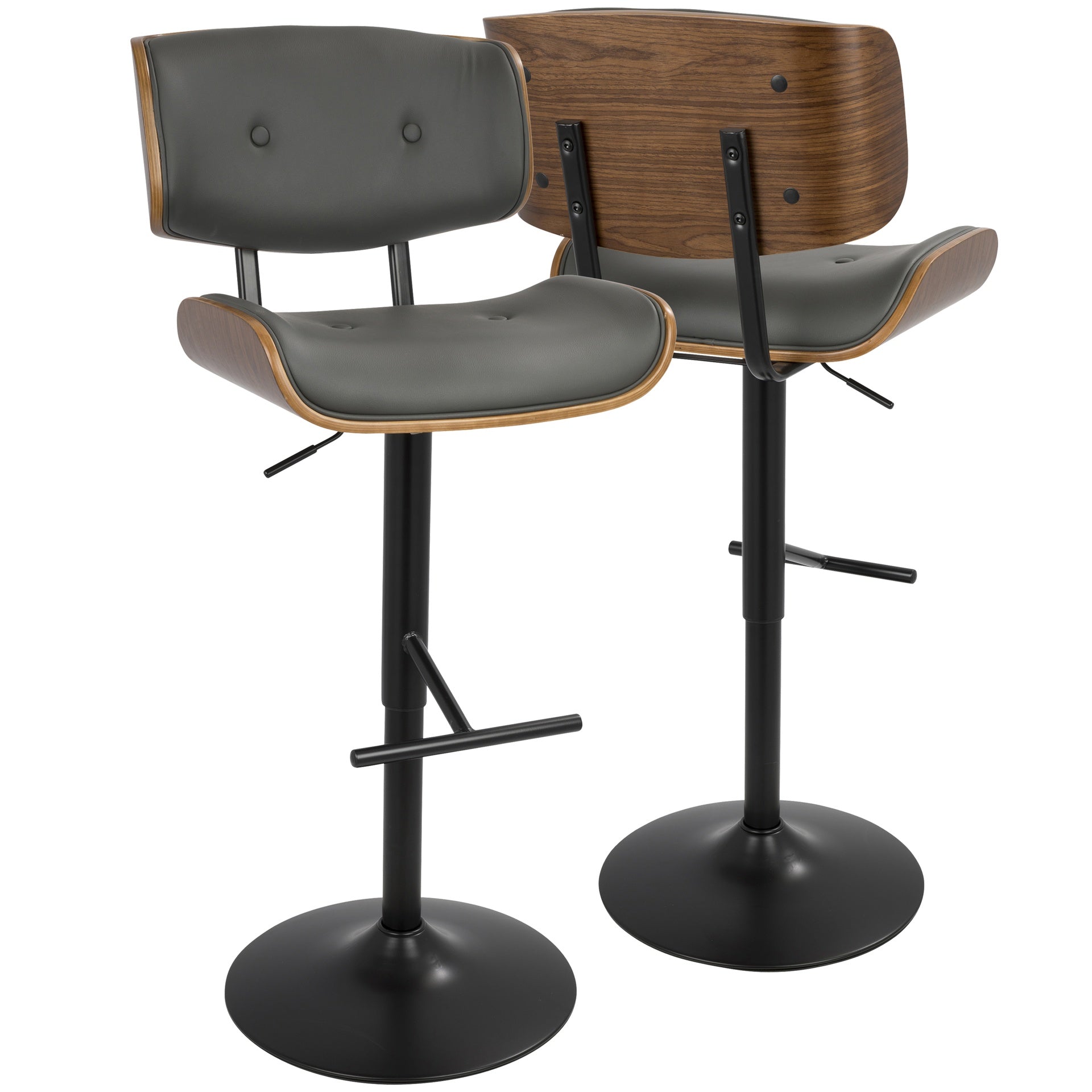 Lombardi Mid-Century Modern Adjustable Barstool with Swivel in Walnut with Grey Faux Leather by LumiSource - Set of 2