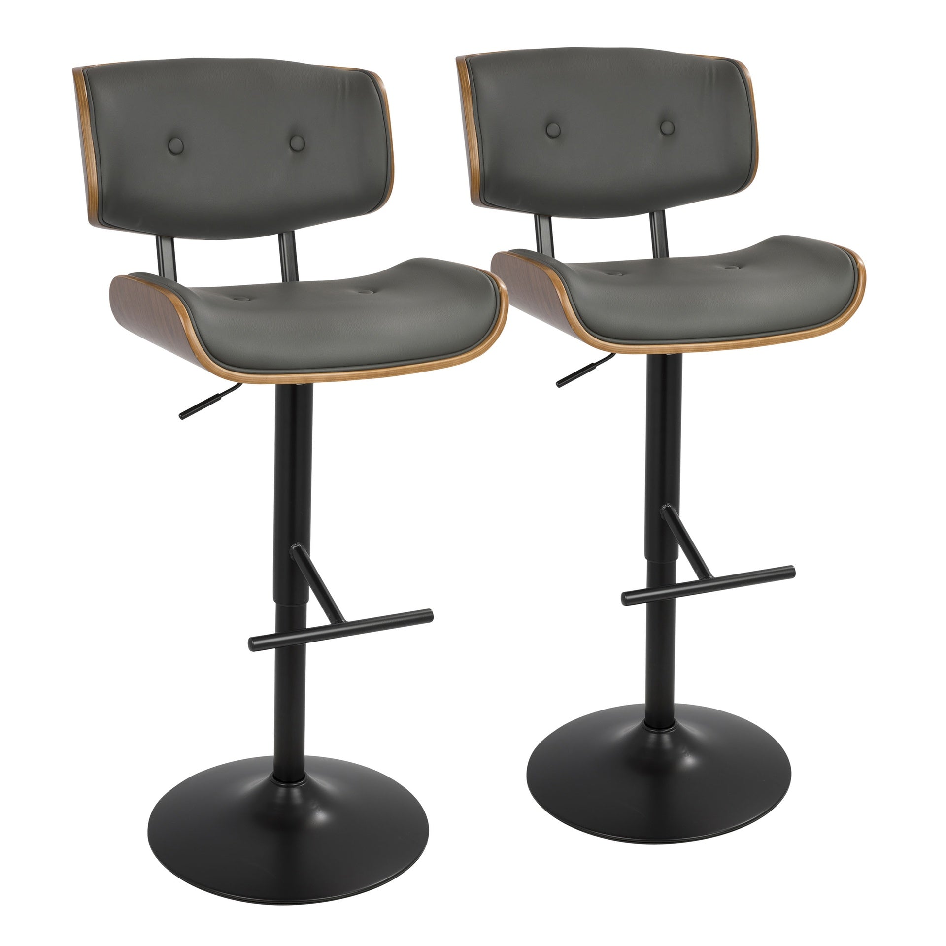 Lombardi Mid-Century Modern Adjustable Barstool with Swivel in Walnut with Grey Faux Leather by LumiSource - Set of 2