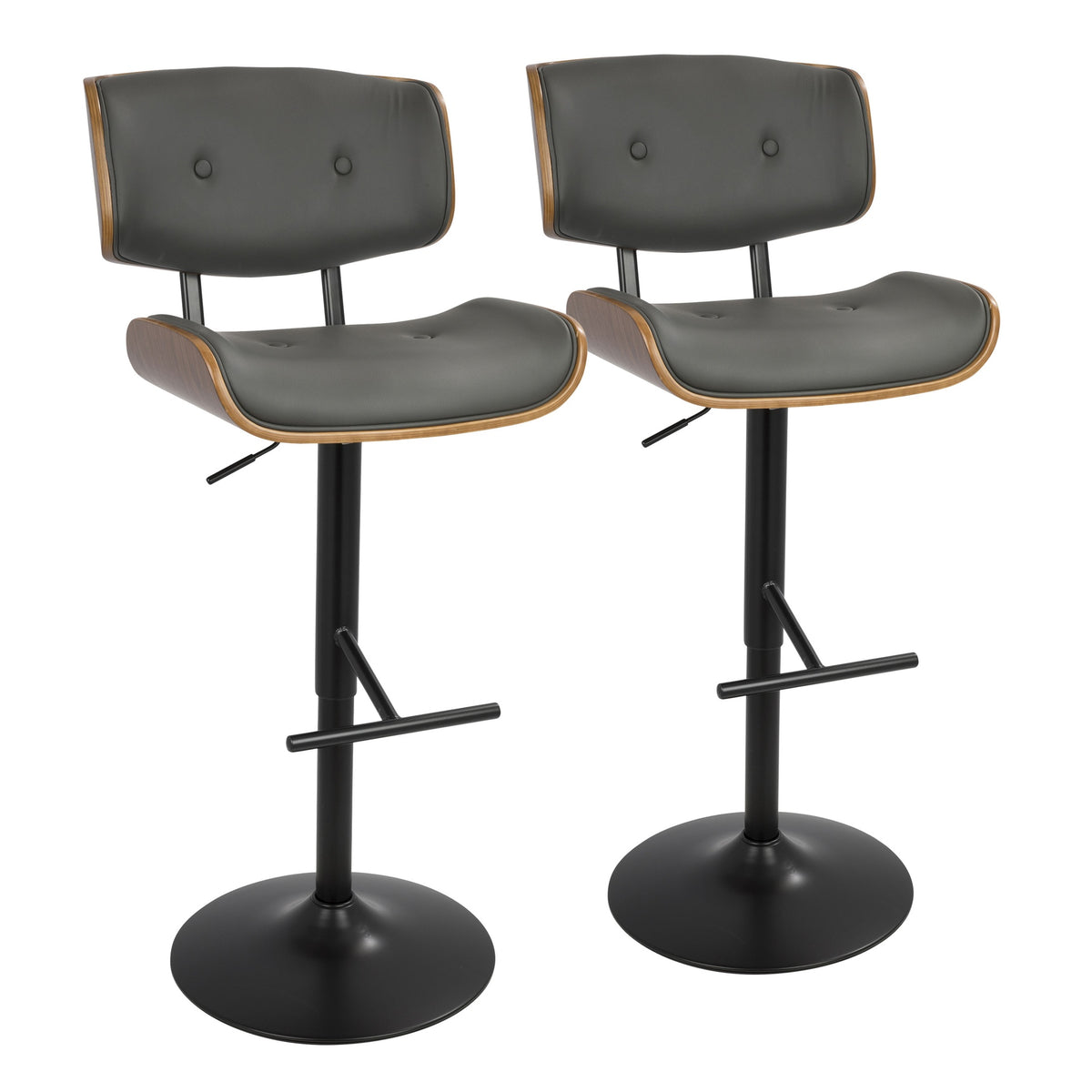 Lombardi Mid-Century Modern Adjustable Barstool with Swivel in Walnut with Grey Faux Leather by LumiSource - Set of 2
