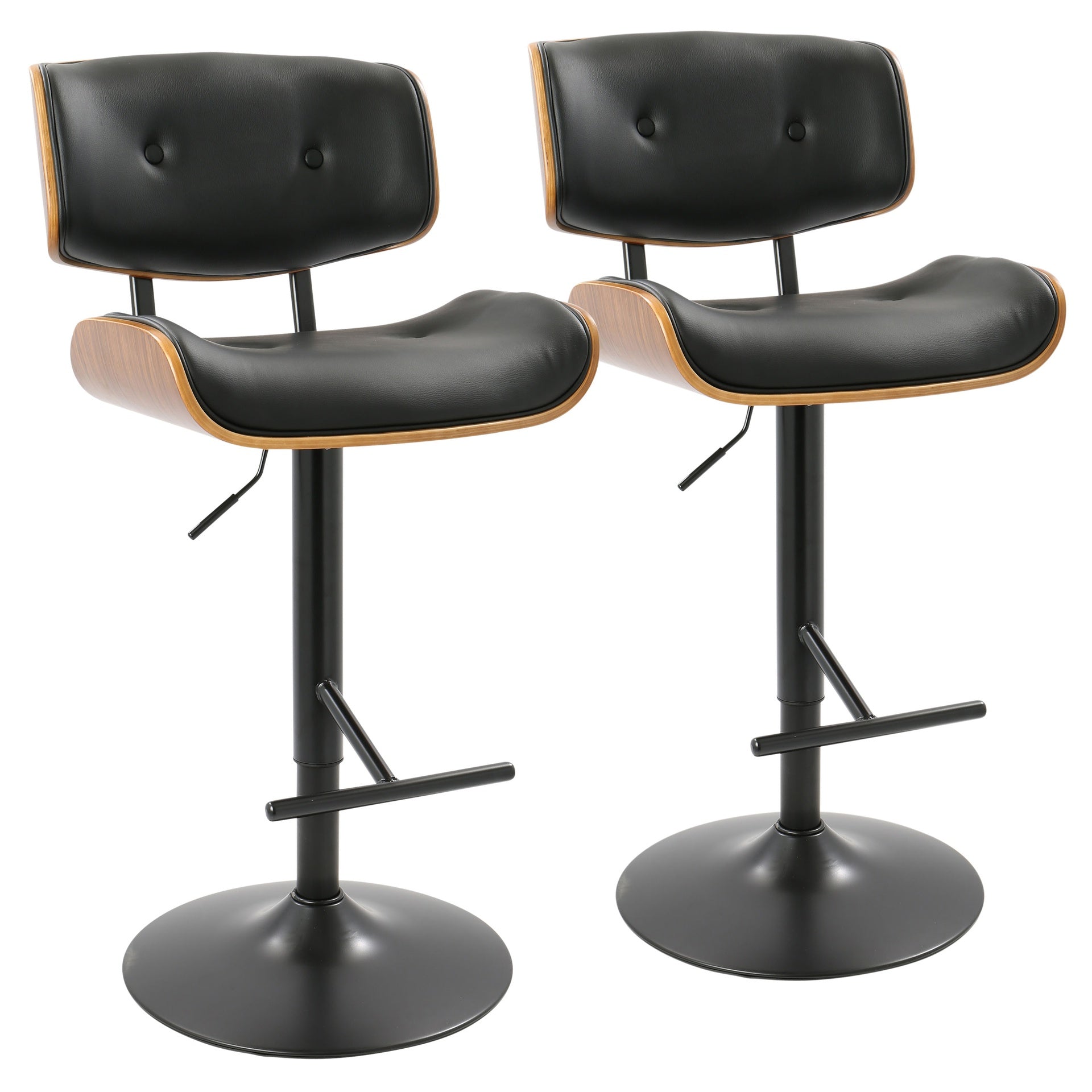 Lombardi Mid-Century Modern Adjustable Barstool with Swivel in Black Metal, Walnut Wood and Black Faux Leather by LumiSource - Set of 2