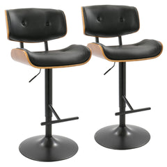 Lombardi Mid-Century Modern Adjustable Barstool with Swivel in Black Metal, Walnut Wood and Black Faux Leather by LumiSource - Set of 2