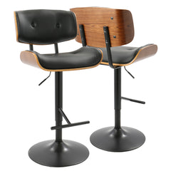 Lombardi Mid-Century Modern Adjustable Barstool with Swivel in Black Metal, Walnut Wood and Black Faux Leather by LumiSource - Set of 2