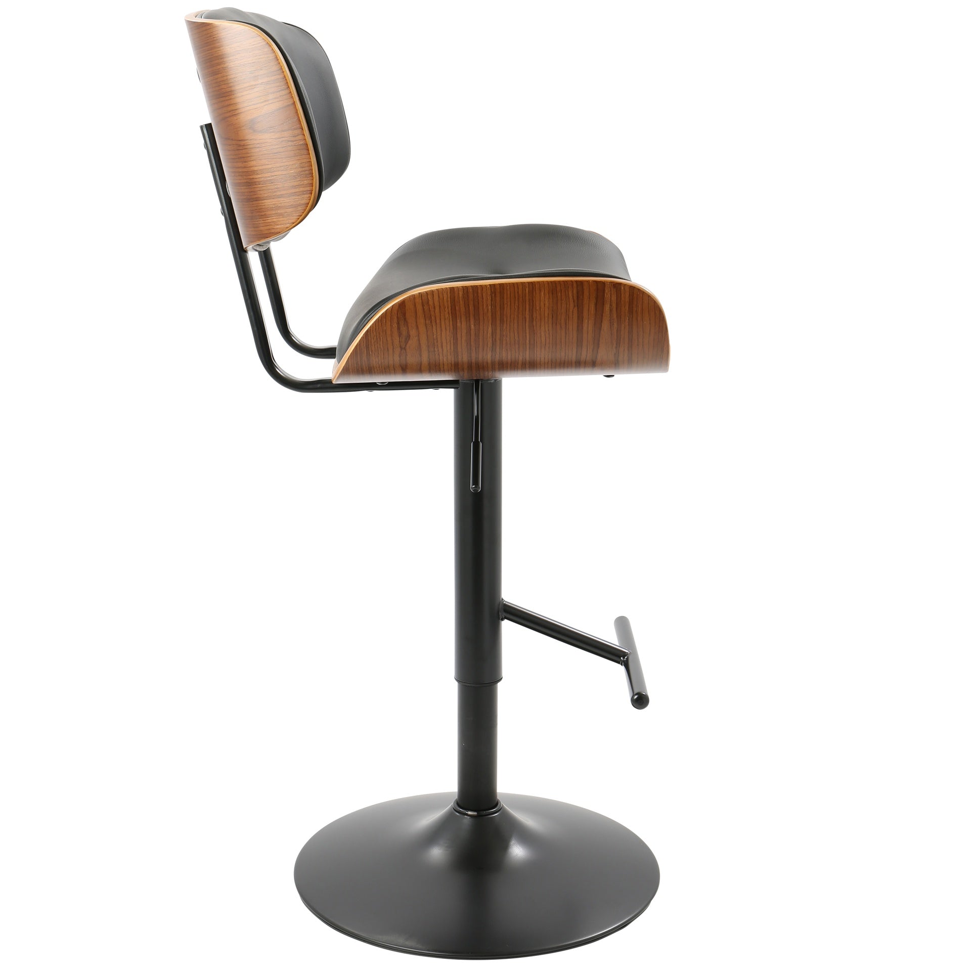 Lombardi Mid-Century Modern Adjustable Barstool with Swivel in Black Metal, Walnut Wood and Black Faux Leather by LumiSource - Set of 2