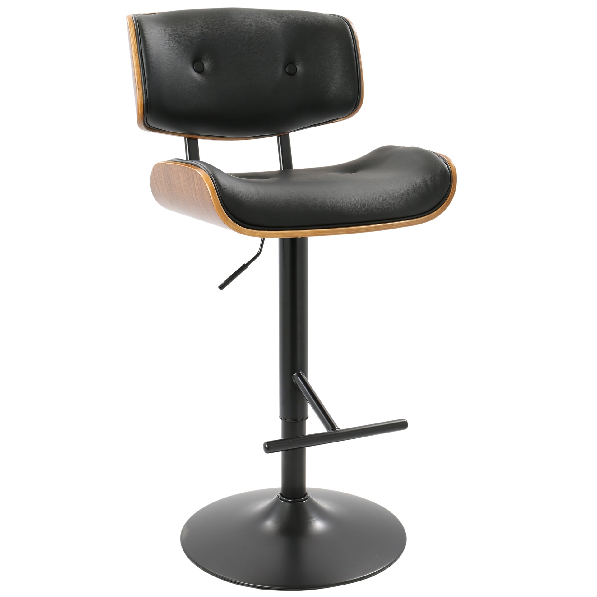 Lombardi Mid-Century Modern Adjustable Barstool with Swivel in Black Metal, Walnut Wood and Black Faux Leather by LumiSource - Set of 2