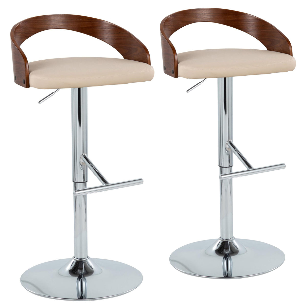 Grotto Mid-Century Modern Adjustable Height Barstool with Swivel in Chrome Metal, Walnut Wood and Cream Faux Leather with Straight T Footrest by LumiSource - Set of 2
