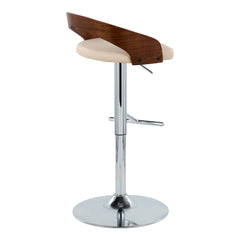 Grotto Mid-Century Modern Adjustable Height Barstool with Swivel in Chrome Metal, Walnut Wood and Cream Faux Leather with Straight T Footrest by LumiSource - Set of 2