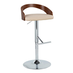 Grotto Mid-Century Modern Adjustable Height Barstool with Swivel in Chrome Metal, Walnut Wood and Cream Faux Leather with Straight T Footrest by LumiSource - Set of 2