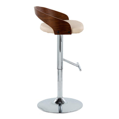Grotto Mid-Century Modern Adjustable Height Barstool with Swivel in Chrome Metal, Walnut Wood and Cream Faux Leather with Straight T Footrest by LumiSource - Set of 2