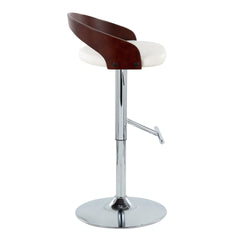 Grotto Mid-Century Modern Adjustable Height Barstool with Swivel in Chrome Metal, Cherry Wood and White Faux Leather with Straight T Footrest by LumiSource - Set of 2