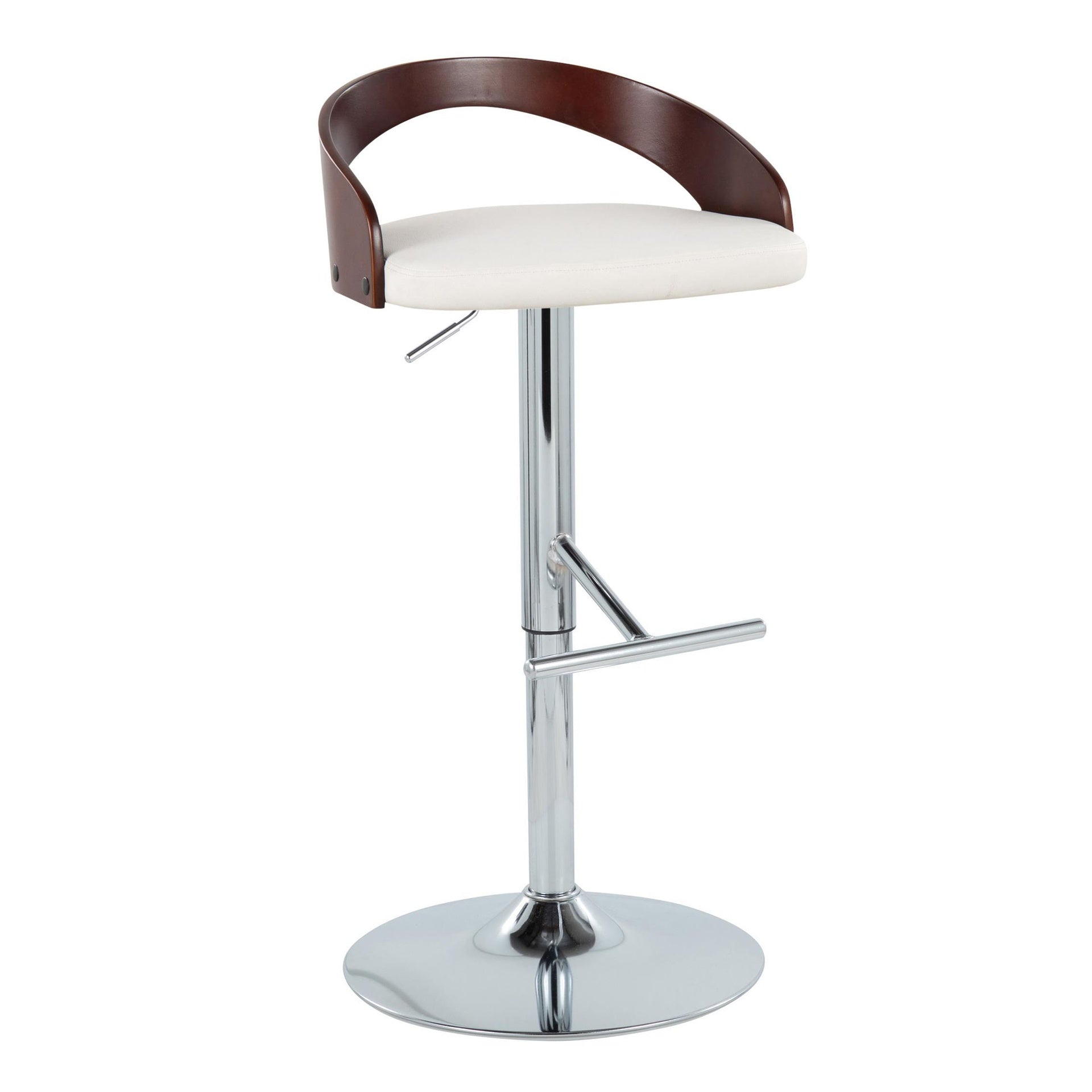 Grotto Mid-Century Modern Adjustable Height Barstool with Swivel in Chrome Metal, Cherry Wood and White Faux Leather with Straight T Footrest by LumiSource - Set of 2