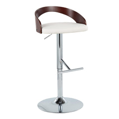 Grotto Mid-Century Modern Adjustable Height Barstool with Swivel in Chrome Metal, Cherry Wood and White Faux Leather with Straight T Footrest by LumiSource - Set of 2